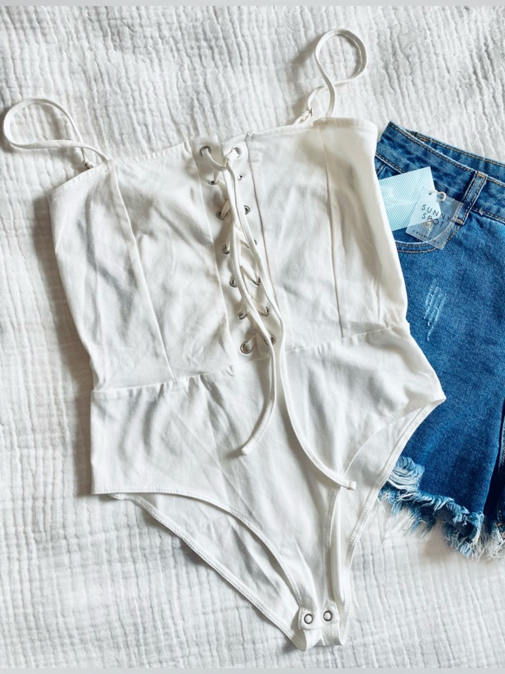 NWT Sexy Lace Up Front Speghetti Strap Bodysuit Top White